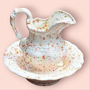 Vintage MCM Ceramic Paint Splatter Pitcher and Bowl